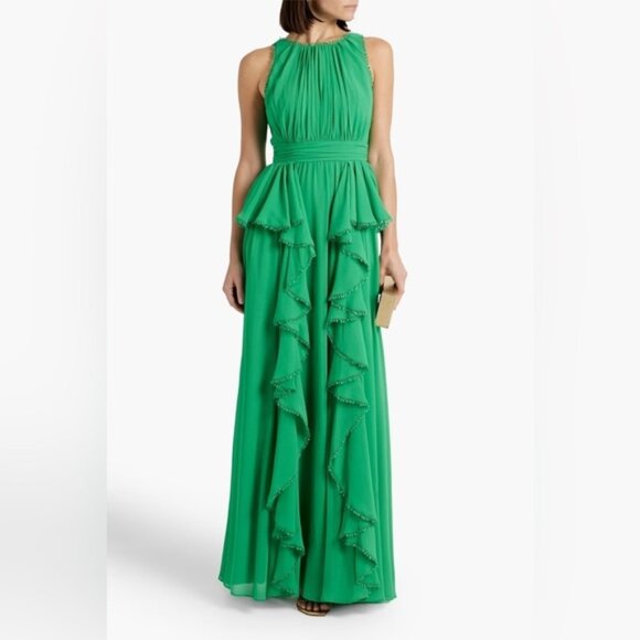 NWT Badgley Mischka Crochet-trimmed ruffled crepe midi dress size 14 - Picture 1 of 11